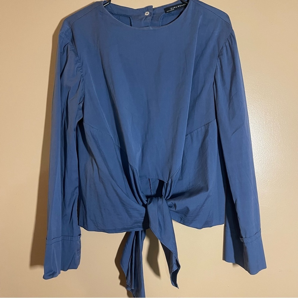 ZARA Blue Tie-Front Blouse Size M